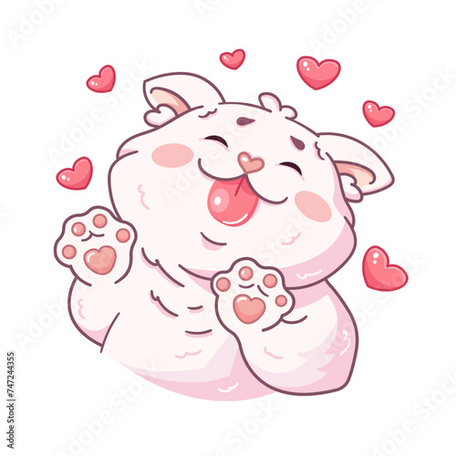A loving white fluffy cat, surrounded by hearts, sticks out his tongue and licks something. A cartoon character of a pet. Vector illustration isolated on a white background
