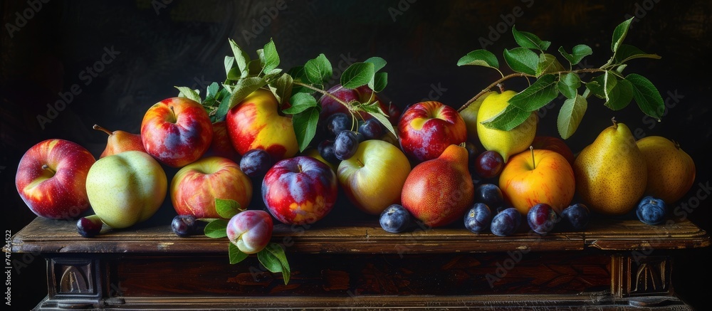 This painting depicts a collection of late summer fruits such as apples, pears, and plums arranged on a table. The fruits are vividly captured with a focus on their colors and textures, showcasing a This painting depicts a collection of late summer fruits such as apples, pears, and plums arranged on a table. The fruits are vividly captured with a focus on their colors and textures, showcasing a