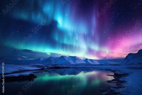 beautiful polar lights in mountain winter landscape © krissikunterbunt