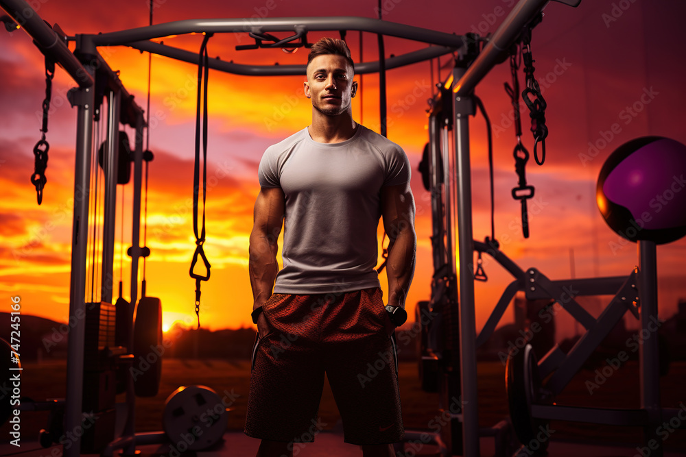 Handsome male athlete working out in an outdoor gym at sunset. Handsome male athlete working out in an outdoor gym at sunset.
