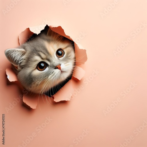 Cute kitten rip off and climbing out of a pastel color background, poking it's head with curiosity