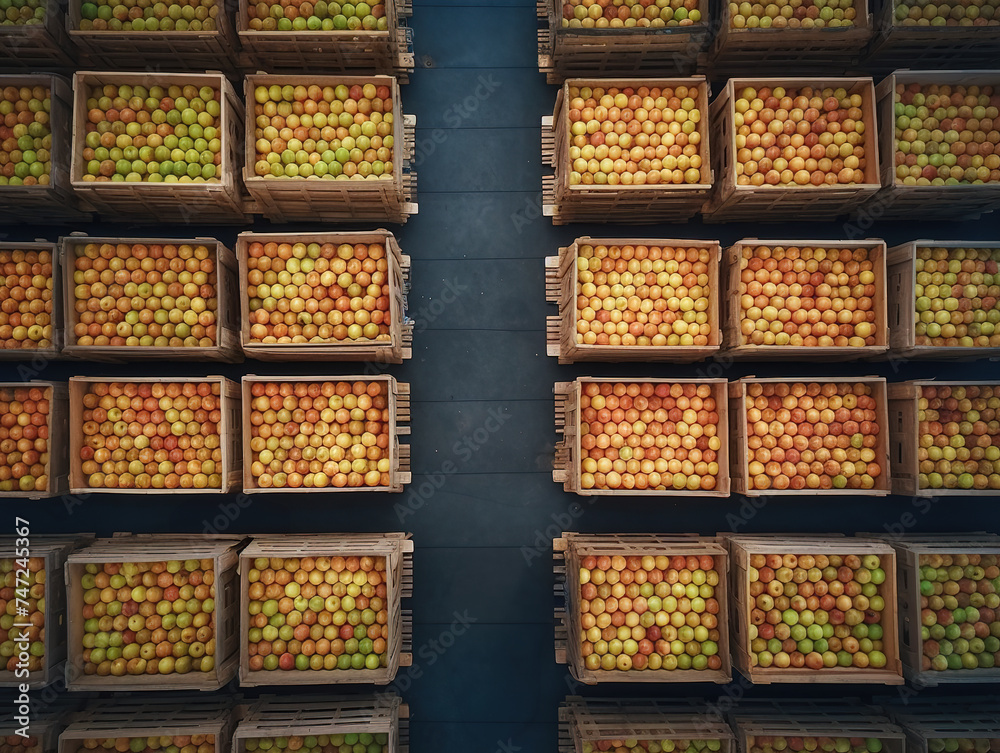 Top view of fruit crates in organic food factory warehouse.