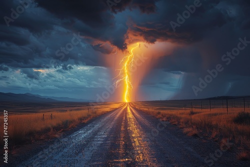 Lightning Bolt Striking Road in Remote Area