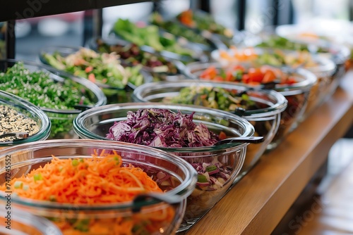 Freshly tossed salads in transparent glass bowls lined up on a buffet table