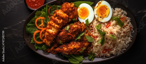A plate featuring a West African dish consisting of chicken jollof rice, shito sauce, and a boiled egg, arranged on a dark surface and captured from an overhead perspective.