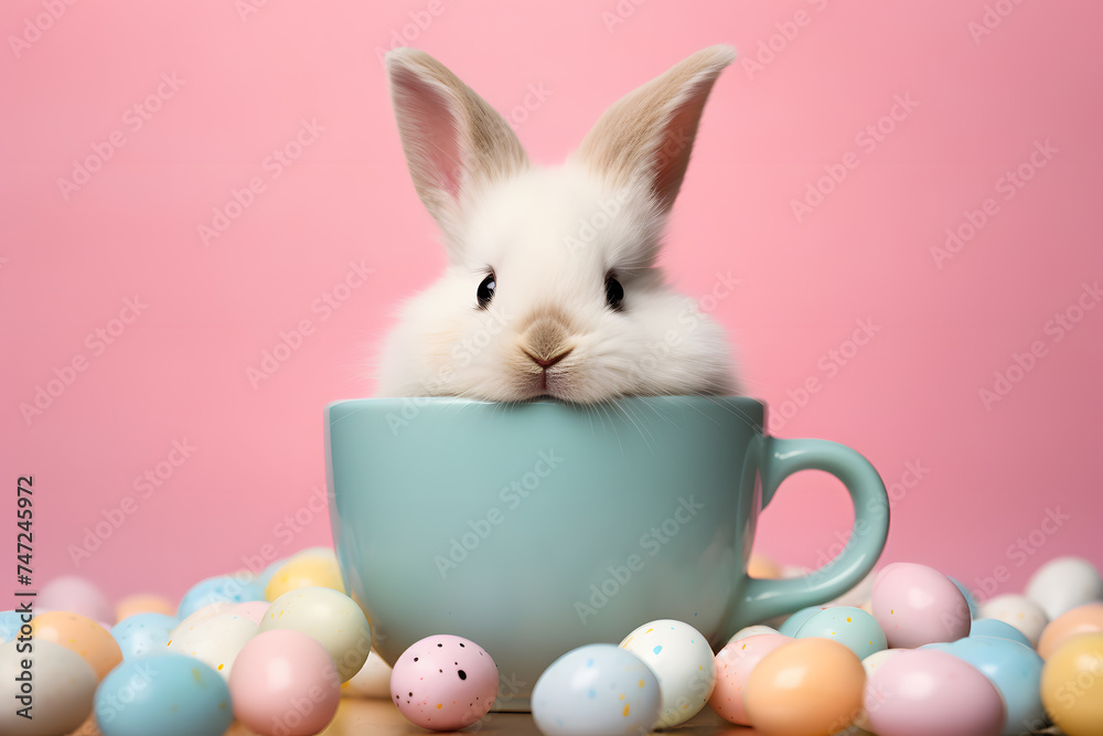 Bunny in teacup with small easter eggs in front of pink backgorund - obrazy, fototapety, plakaty 