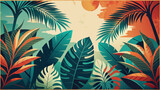 Jungle style background with green fern and palm leaves, tropical wallpaper. Vector illustration