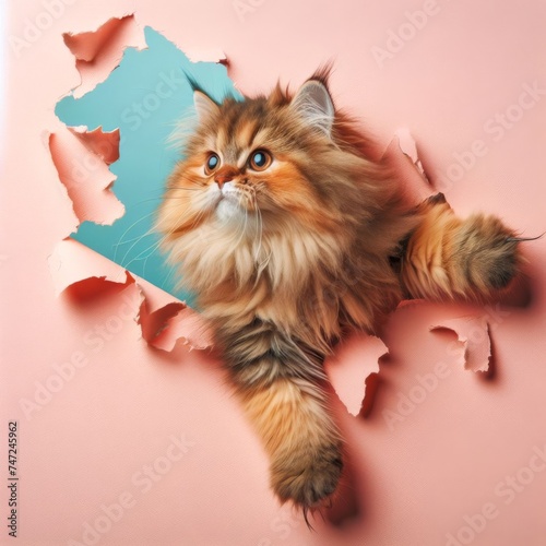 Cute kitten rip off and climbing out of a pastel color background, poking it's head with curiosity photo