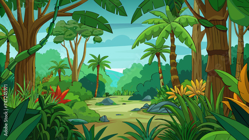 Wild jungle landscape with palm trees, ferns and exotic plants and flowers. Cartoon background for the game. Vector illustration
