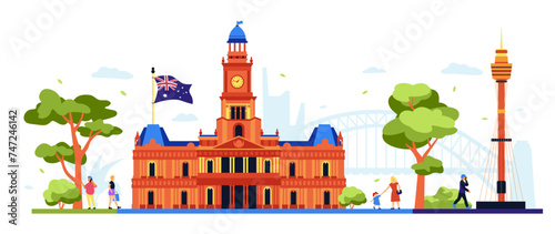 Sydney Town Hall - modern colored vector illustration with 19 century heritage building that looks like a palace with clock and contemporary Tower Eye building. Attractions and places to visit