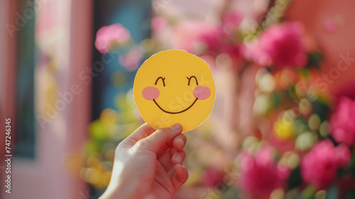 Emotional intelligence, hand holding yellow paper cut, smile face, positive thinking, mental health assessment yellow background