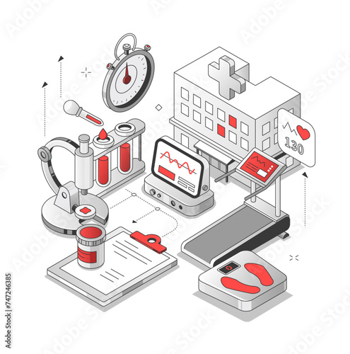 Healthcare - red and black isometric line illustration. Health maintaining and medicine concept. Research, analyzes, hospital, scales, blood pressure, pills, indications, medical prescription