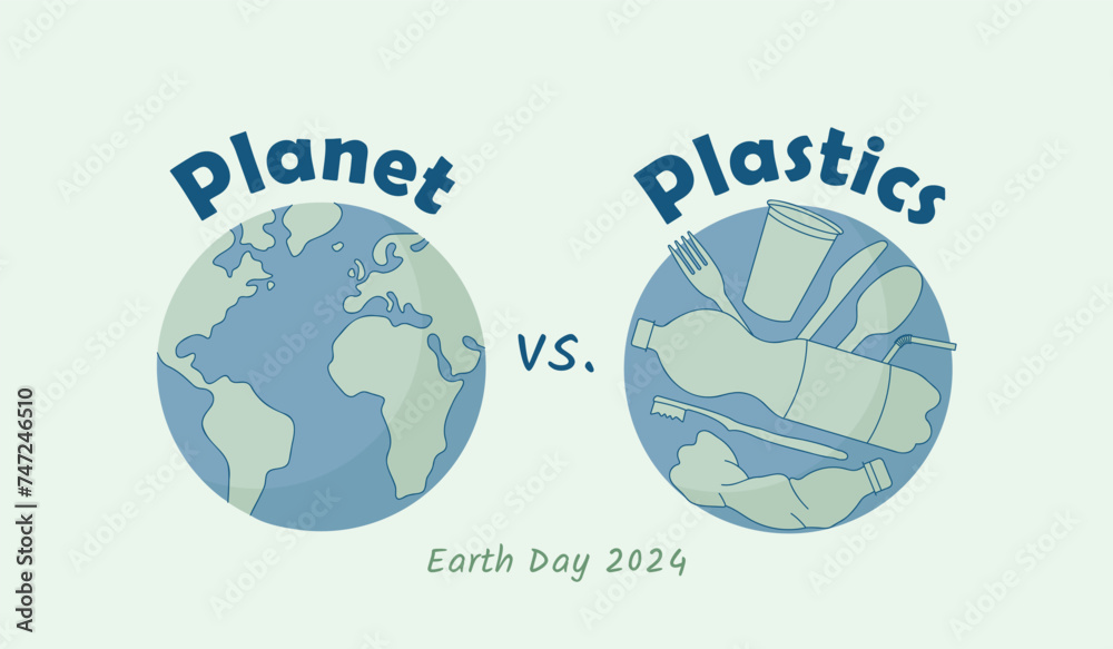 Planet vs. Plastics Earth Day 2024 theme, beat plastic pollution, vector illustration - obrazy, fototapety, plakaty 