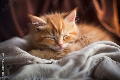 A serene ginger kitten sleeps peacefully, wrapped in a soft blanket, exuding tranquility and the innocence of slumber.