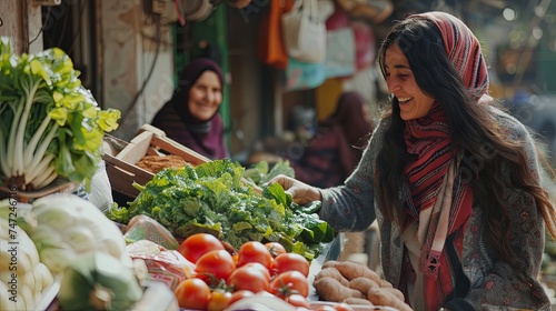 Portrait of two women in local market buying vegetables from bazaar