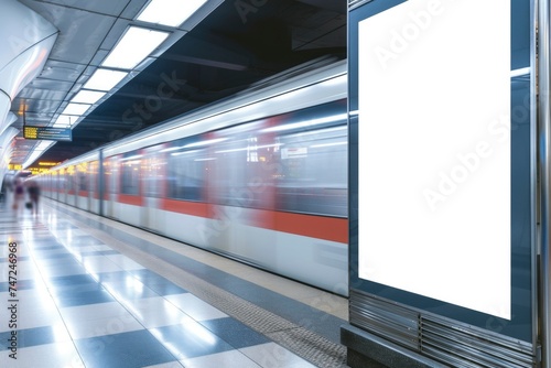 Blank Advertising Banner at Busy Metro Station with Moving Train.