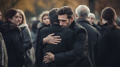 People offering comforting hugs to each other at a funeral, sharing mutual support during a difficult time.