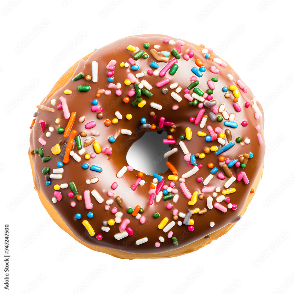 Chocolate-glazed donut with sprinkles, isolated on a white background – a delicious, sweet baked treat for breakfast or snack Chocolate-glazed donut with sprinkles, isolated on a white background – a delicious, sweet baked treat for breakfast or snack