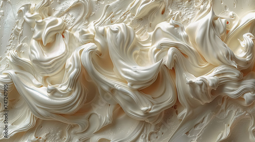 Vanilla Soft serve ice cream texture surface, Ice cream Vanilla creamy, close up of cream dessert, Traces of use of ice cream scoop, Soft yellow color Background cover banner 16:9 wallpaper backdrop