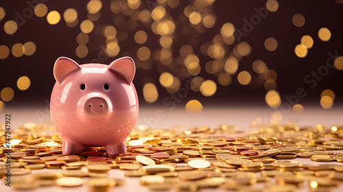A piggy bank in the shape of a pig alongside a pile of gold coins, representing savings and financial wealth.