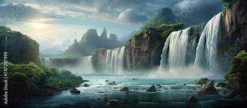 A painting depicting a mesmerizing waterfall standing tall in the middle of a river. The water cascades down from a height, creating a powerful and dynamic scene in the natural landscape.