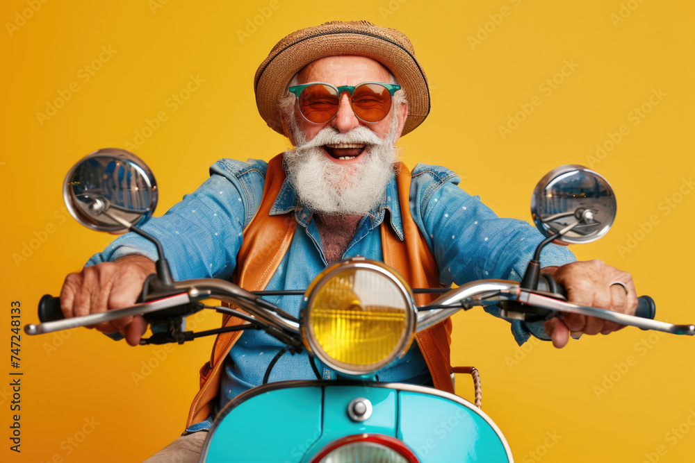 Happy and funny beard elderly man on bike on a yellow background