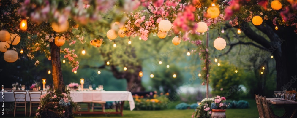 blurry garden wedding background decorated with fairy lights in summer - obrazy, fototapety, plakaty 