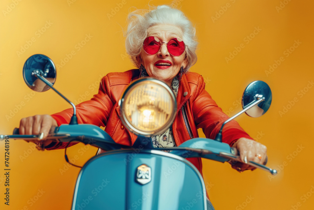 Elegant and cheerful elderly woman in jacket on bike on a yellow background