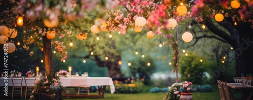 blurry garden wedding background decorated with fairy lights in summer photo