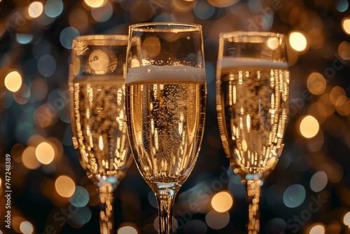 Glamorous setting Champagne glasses shimmer on dark background with lights
