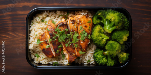 Chicken with rice and broccoli. Food delivery © Helka