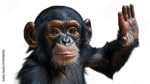 Close-up of chimpanzee with hand extended, detailed fur and skin texture, communicating a greeting or request photo