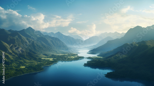 A high-angle view of a mountain range and a blue lake, presenting a picturesque and scenic landscape. © sema_srinouljan
