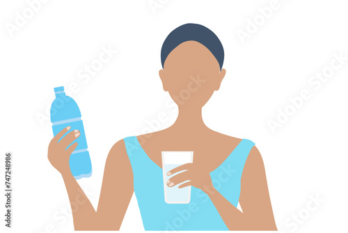 Healthy woman drinking water from plastic bottle vector illustration. Healthy lifestyle concept	
