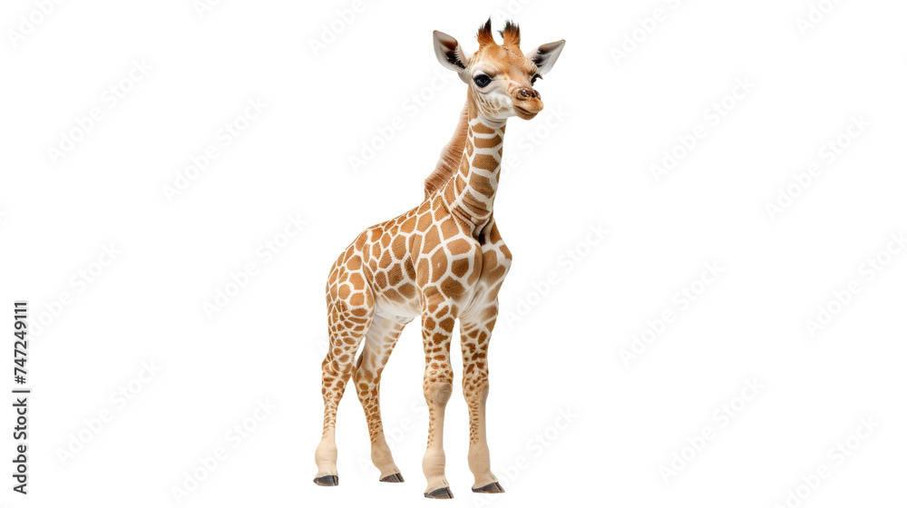 A juvenile giraffe stands gracefully with its iconic patterned coat, its curious eyes gazing forward, isolated on a black background, showcasing its natural beauty
