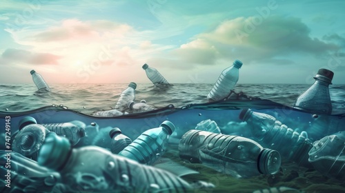 Empty plastic bottles flood the ocean or sea. Concept of ecological disaster, environmental pollution, world ocean
