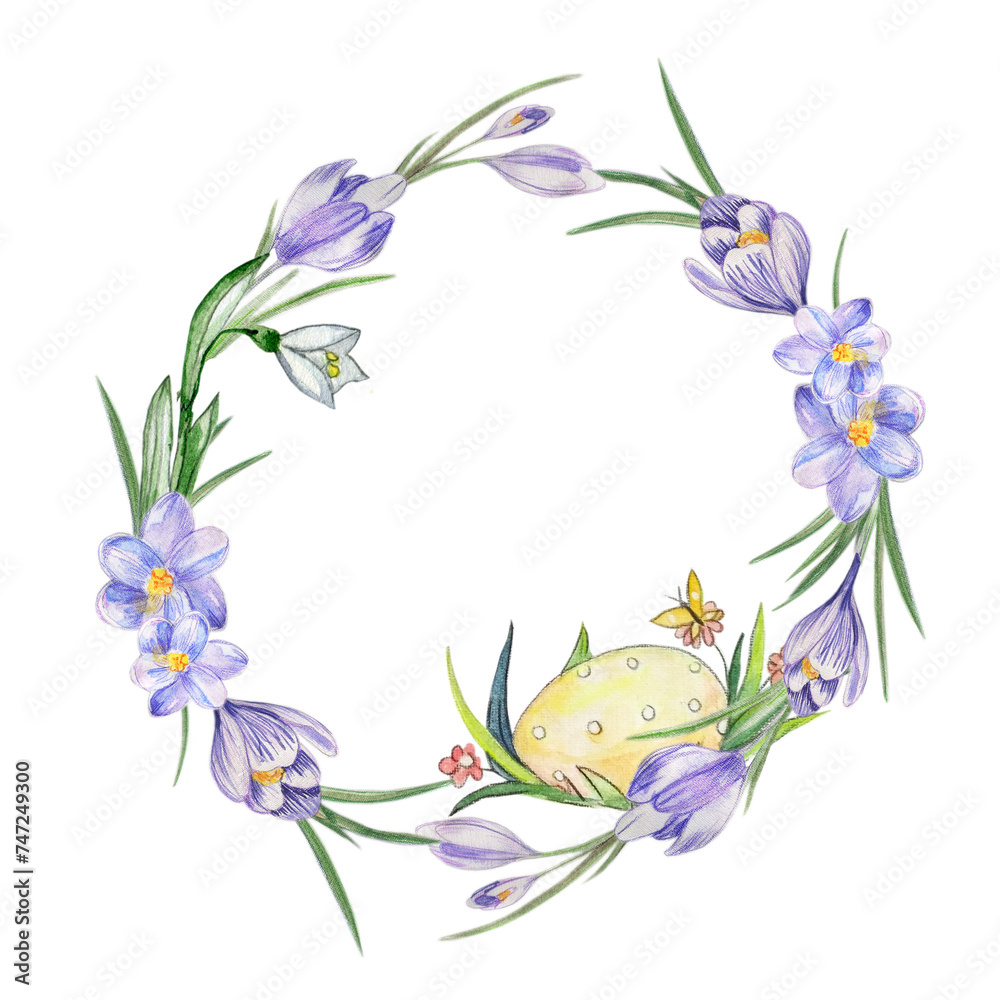 Watercolor cute hand drawn wildflower wreath with Easter eggs in a crocus floral frame. Ideal for print, web, design, various souvenirs, photo albums and other creative ideas. Watercolor cute hand drawn wildflower wreath with Easter eggs in a crocus floral frame. Ideal for print, web, design, various souvenirs, photo albums and other creative ideas.