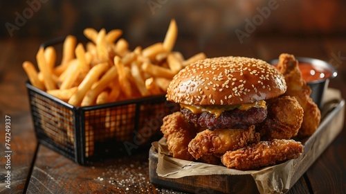 Juicy delicious burger with fries and Chicken McNuggets with ketchut sauce. Fast food concept, unhealthy food, banner with copyspace
 photo