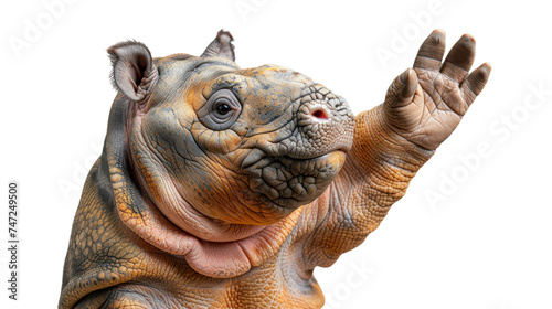 A unique Babirusa pig appears to wave 'hi' with its hoof, its detailed skin and expression offer a blend of charm and oddity photo