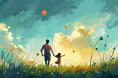 Drawn father and daughter having fun on a walk with balloons, concept of parenthood and family leisure and values, father's day photo