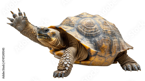 An African spurred tortoise stretching its leg and neck, isolated on white with intricate shell patterns and textures clearly visible photo