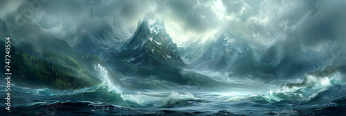 Stormy sea with towering mountains and dramatic sky. Digital painting of wild nature. Maritime and adventure concept. Design for poster, wallpaper, and print.