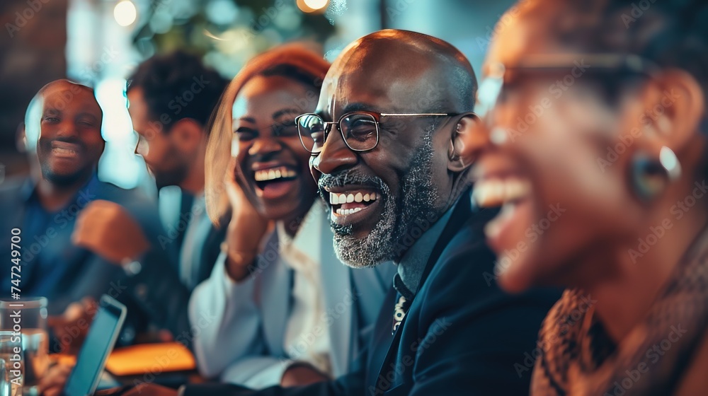 Diverse businesspeople laughing during a meeting around an offic