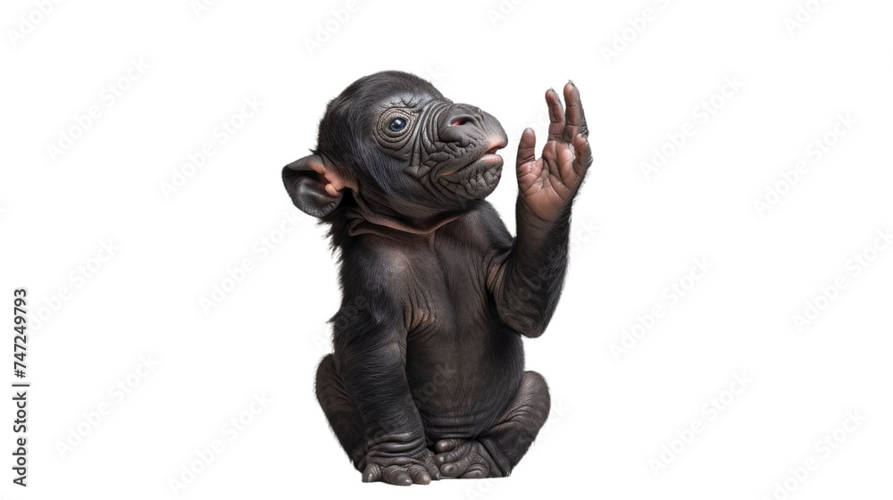 A baby chimpanzee stands with an expressive face and human-like hand gesture, evoking a sense of wonder and curiosity A baby chimpanzee stands with an expressive face and human-like hand gesture, evoking a sense of wonder and curiosity