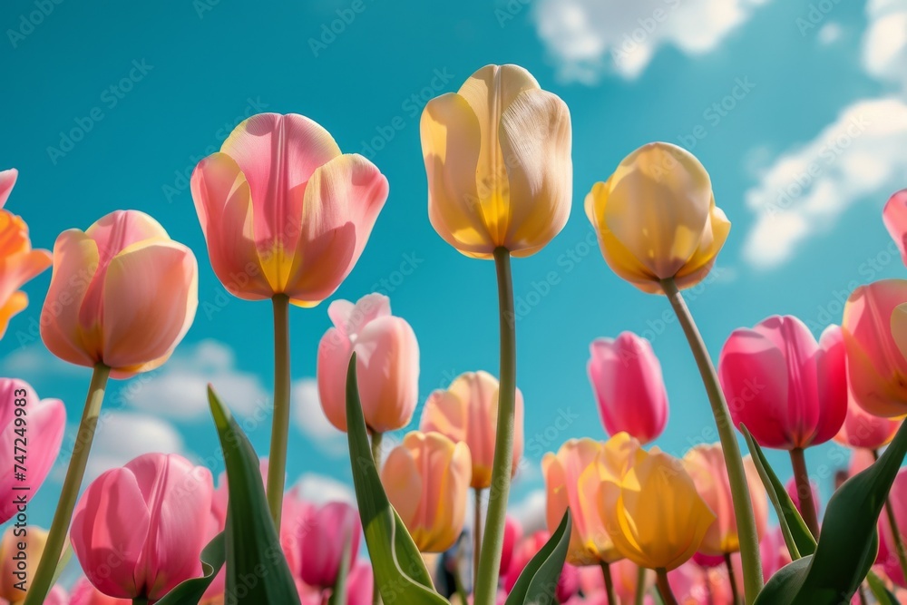 Pink and Yellow Tulips in Field Under Blue Sky