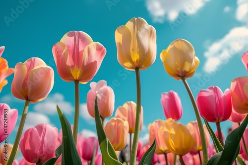 Pink and Yellow Tulips in Field Under Blue Sky
