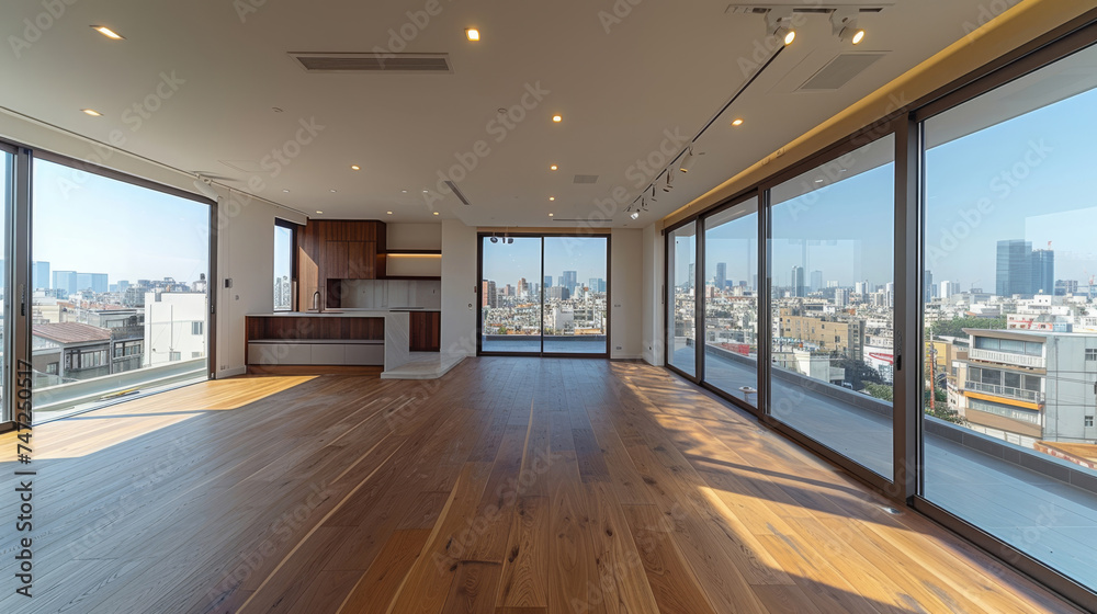Room, interior and windows with an empty space in a modern home or office during summer. Business, home and wood floors in a luxury apartment for design, architecture or simplicity with views