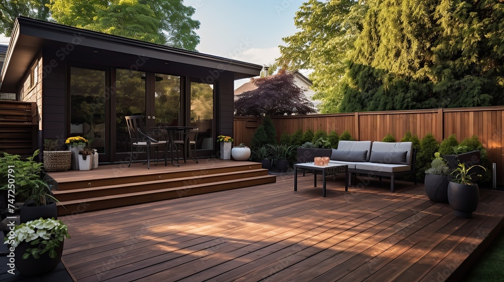 Craftsman house exterior. Small Patio area with wooden table set and umbrella. Green thuja trees in pots and well kept lawn. Craftsman house exterior. Small Patio area with wooden table set and umbrella. Green thuja trees in pots and well kept lawn.