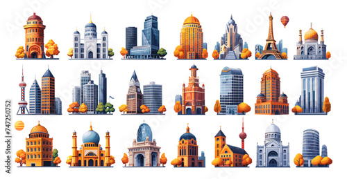 Buildings  modern and old  large vector set in flat colorful style. Cartoon architecture  skyscrapers  Eiffel Tower  cathedrals  shopping malls  with trees and landscape details. Isolated pack on whit