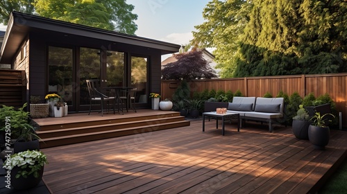 Craftsman house exterior. Small Patio area with wooden table set and umbrella. Green thuja trees in pots and well kept lawn.